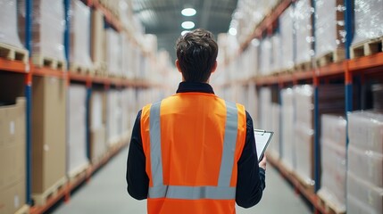 A warehouse worker in a safety vest checks inventory among stacks of boxes, highlighting efficiency in logistics.