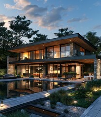 Canvas Print - Modern Luxury House with Pool and Gardens