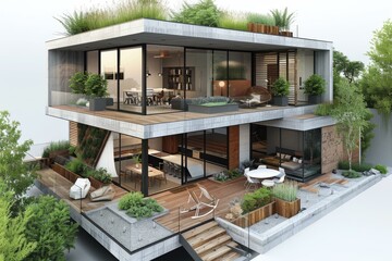 Canvas Print - Modern Multi-Level House Exterior Design Illustration