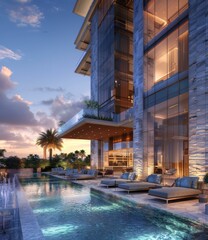 Wall Mural - Luxury Poolside Evening View of Modern High-Rise Building