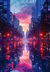 Poster - Neon Cityscape Reflection at Dusk