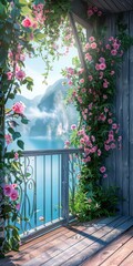 Wall Mural - Rose Balcony View of Scenic Mountains and Lake