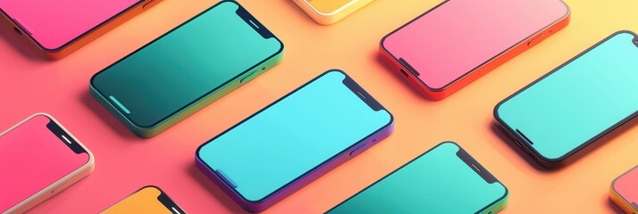 Fototapete - Multiple smartphone screens rest on a bright gradient surface showcasing a range of stories and short videos in rich colors. Generative AI