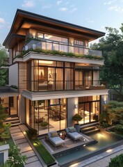 Poster - Modern Elegant House Exterior Design with Backyard Pool