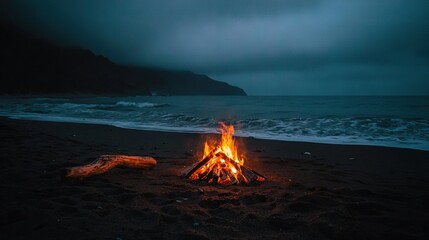 Sticker -   A beach campfire at night, with dark waves crashing in the background and a clear sky overhead