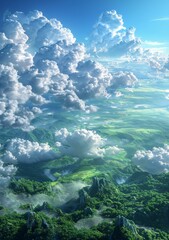 Wall Mural - Majestic Aerial View of a Lush Mountain Landscape with Fluffy Clouds