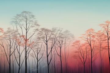 Tranquil and ethereal digital artwork of a mystical forest at twilight with vibrant colors and serene nature. Featuring tree silhouettes against a gradient sky