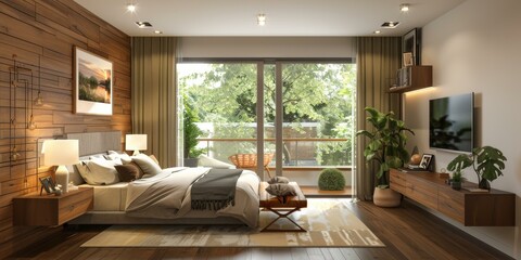 Wall Mural - Modern Bedroom with Wood Paneling and Big Windows