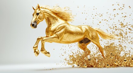 Canvas Print - An abstract gold leaf painting with a golden horse galloping across it