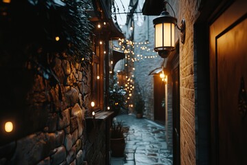 In the narrow alleyway between buildings, there is a table and two lamps