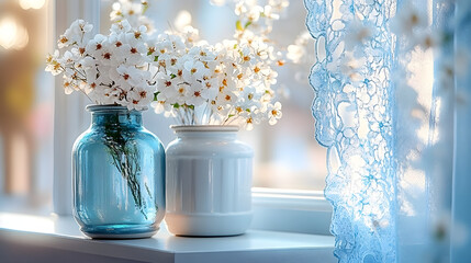 Sticker - Two vases brimming with blossoms atop a white bookshelf beside a window draped in azure lace