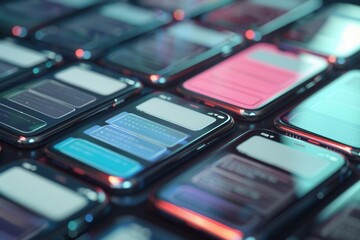 Leinwandbilder - Several smartphones are arranged closely together, showcasing colorful stories and short videos that captivate the viewer's attention. Generative AI