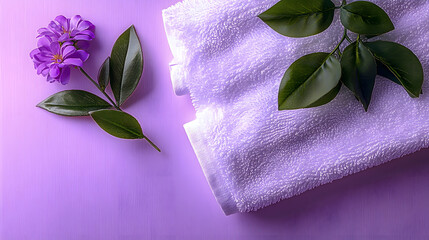 Wall Mural - A white towel with purple flowers and green leaves on a purple background featuring a single green leaf on the left