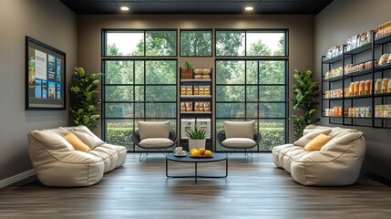 A modern waiting area with two white sofas, two chairs, a coffee table, and shelves stocked with products. The room has large windows overlooking a green landscape.