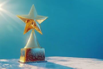 This gold trophy shows a five star rating symbol against a 3D background of high quality ratings for customer feedback, premium quality, and high customer satisfaction.