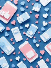Leinwandbilder - Smartphones featuring love and like icons are spread across a blue backdrop, symbolizing online interactions and social media engagement. Generative AI