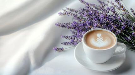 Wall Mural - A cup of coffee sits beside a bouquet of lavender on a white tablecloth and white saucer