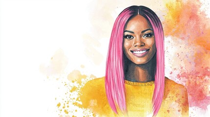 Adult Black Woman with Pink Straight Hair watercolor illustration.