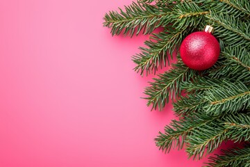 An elegant and minimalist holiday aesthetic is offered by a single red bauble resting upon a vibrant pink background.