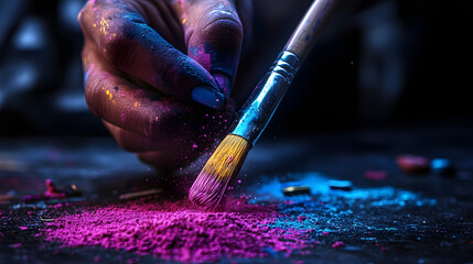 Sticker - A person holds a paintbrush with colored powder nearby