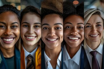 collage featuring a diverse group of smiling business people of different ages and ethnicities.