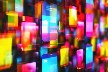 Wall Mural - Colorful smartphone screens are filled with captivating short videos and stories, reflecting a lively atmosphere during an evening event. Generative AI