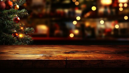 Copy space over a defocused Christmas background with an empty wooden table