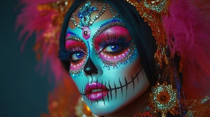 A woman with vibrant blue eyes and a sugar skull makeup with intricate details, wearing a decorative headpiece.