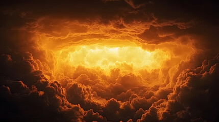 Poster - A vast cloud, brimming with orange and yellow hues, floats beneath a gloomy sky as the sun peeks through the billowing mass