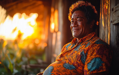 Wall Mural - A man in an orange shirt is sitting on a porch. He is smiling and looking at the camera