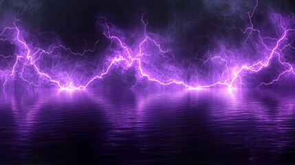 Sticker - Purple lightning shape background. Stage entertainment background with black spotlights and smoke. Hyper-realistic.