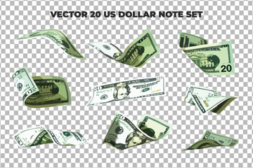 Aufkleber -  Vector illustration of set of 20 US dollar notes flying in different angles and orientations. Currency note design in Scalable eps format
