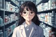 © atar - Anime girl pharmacist with glasses standing in a pharmacy