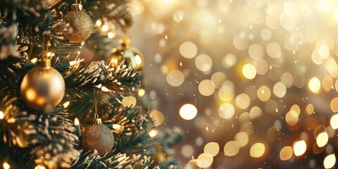 Wall Mural - an artfully adorned christmas tree with golden ornaments and festive lights, exuding a joyful and gl