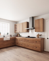 Wall Mural - Modern country kitchen with beautiful wood cabinets combined with abundant natural light