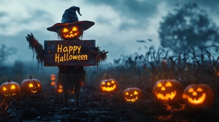 Wall Mural - Creepy scarecrow standing in a decaying field holding a sign that reads Happy Halloween with glowing pumpkins surrounding the scene