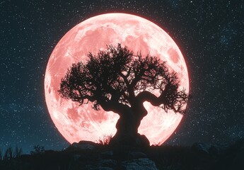 Sticker - At night, a full moon casts a stunning silhouette on a majestic tree