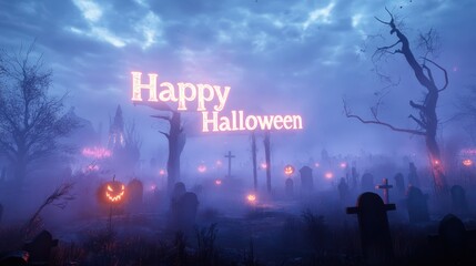 Canvas Print - Ghostly Happy Halloween letters glowing in the misty air above a haunted graveyard with twisted trees and flickering lights