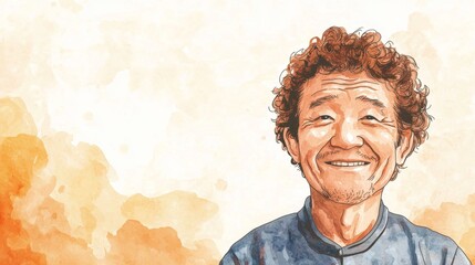 Wall Mural - Old Chinese Man with Brown Curly Hair watercolor illustration.