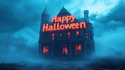 Wall Mural - Realistic 3D render of giant Happy Halloween letters glowing in neon red above a haunted mansion with broken windows and fog