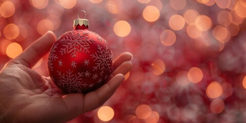 Wall Mural - in a wintery setting, a hand holds a vibrant red christmas ornament, symbolizing joy and warmth duri