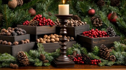 Sticker - A vintage candlestick glows warmly on an old wooden table, surrounded by pine branches and red berries, evoking a cozy Christmas atmosphere with natural elements