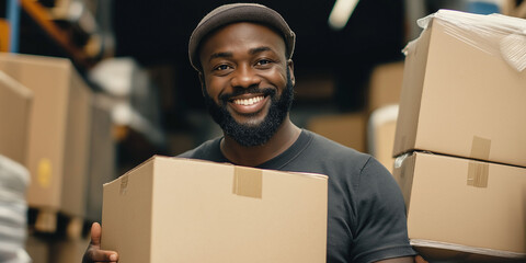 A smiling warehouse worker with a cardboard box in an industrial storage environment, representing logistics and shipping