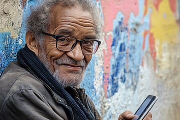 Elderly black man happily smiles, browsing on smartphone in front of colorful wall, bridging digital gap with technology in urban setting