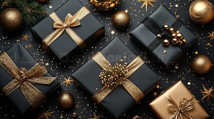 black and gold christmas gifts with a pine branch, golden ribbons and golden baubles on a black back