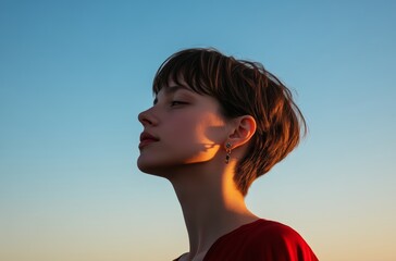 Canvas Print - A young woman stands in profile, gazing thoughtfully into the distance as the sun sets, creating a tranquil atmosphere