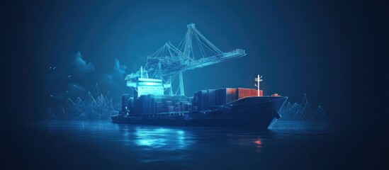 poly cargo sea port. 3d ship, port crane and containers in dark blue. Container ships, transportation, logistics,