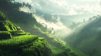 Wall Mural -   A man stands atop a verdant hill, surrounded by an expanse of lush green grass