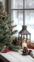 Sticker - A cozy winter scene featuring a black lantern surrounded by pine cones, evergreen branches, and red berries, with a softly lit Christmas tree in the background