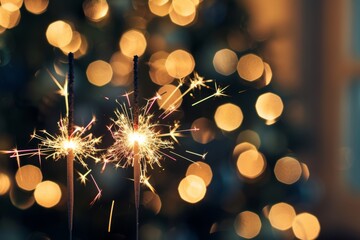 Wall Mural - enjoy the festive spirit with sparkling sparklers against a bokeh light background, ideal for christ